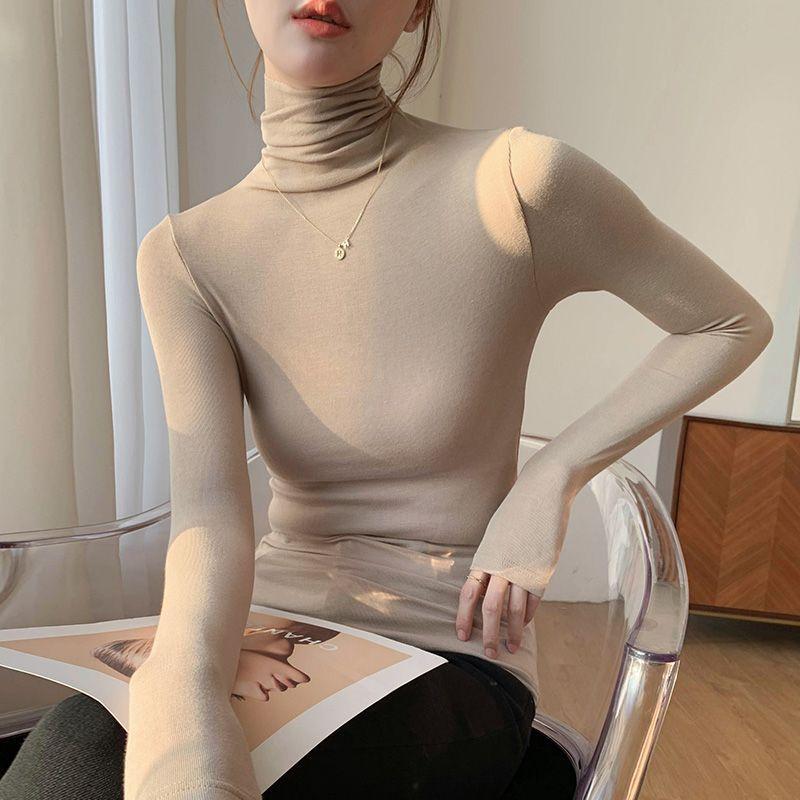 

Водолазка з коміром з чистої бавовни для жінок Модна футболка з довгим рукавом для жінок Приталений топ великого розміру M абрикосовий