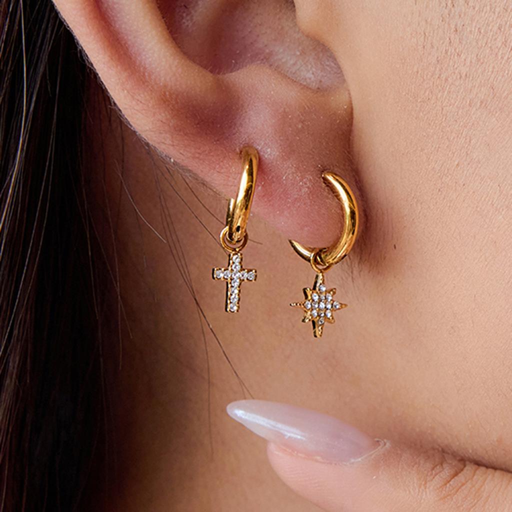 Trendy 18K Gold Waterproof Stainless Steel Earrings Dangling Diamond Cross Star Butterfly Pendant 18K Gold Body Jewelry Zircon