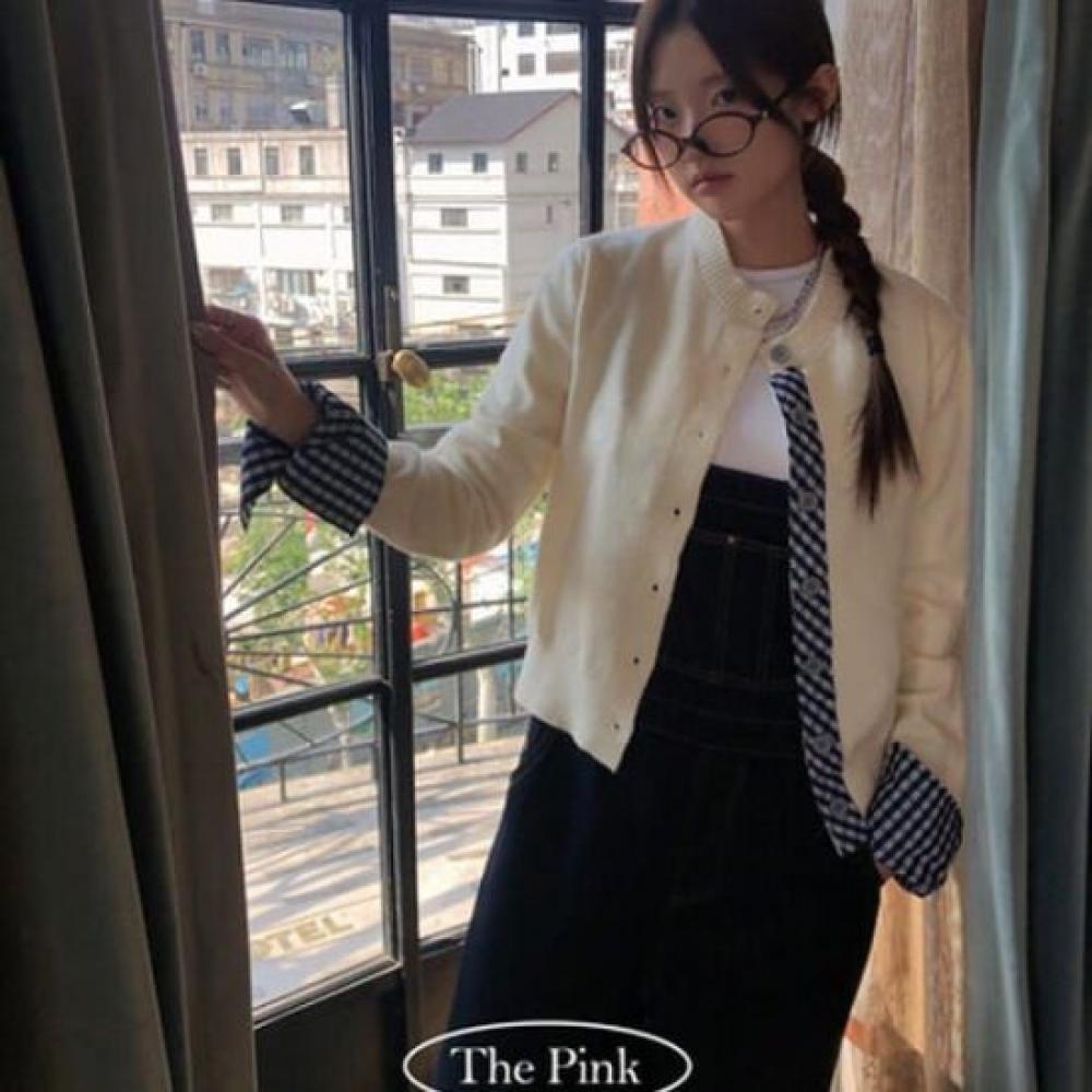 The Pink Check Shirt Layered Color Knit Cardigan