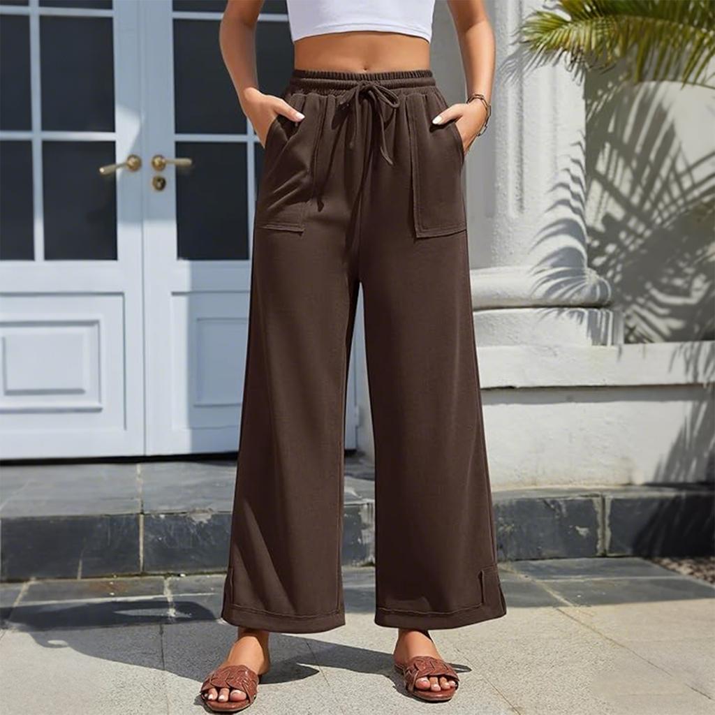 Damen locker bequem lässig Mode Farbe elastischer Bund mit Gürtel Taschen weite Hose