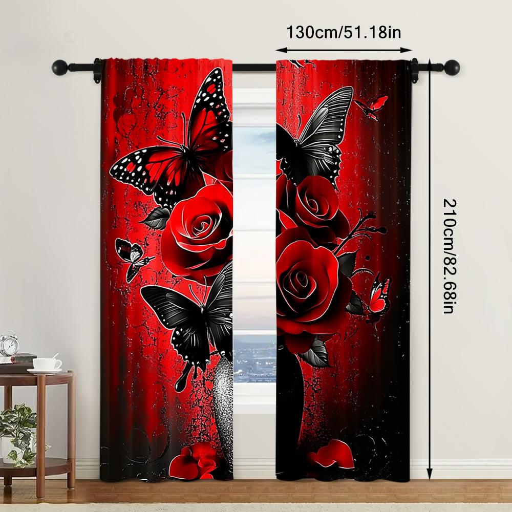 Perdele Moderne 2 Buc. Imprimeu Trandafir Roșu și Fluture Pentru Dormitor Birou Adaugă o Notă de Eleganță și Mister Interiorului_ai9