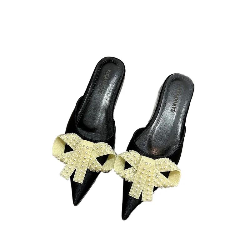 Fashion 2025 Shoes Female Closed Toe Women's Slippers Fashion Dress Slippers Women String Bead Bow Tie Pointed Toe Low Heel Sandals
