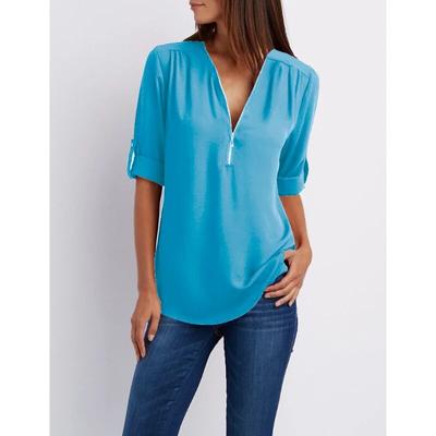 Chemisier à manches longues et col en v pour femme, haut à fermeture éclair, Sexy, décontracté, ample, en mousseline de soie, vêtements solides, à la mode, 2023, 25811