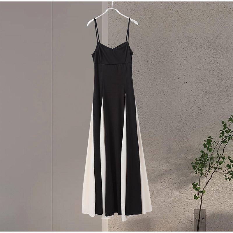 Fashion Contrasting Color Spaghetti Strap Dress for Women Elegant Gauze Backless A-line Long Dresses New Lady Party Evening Dresses