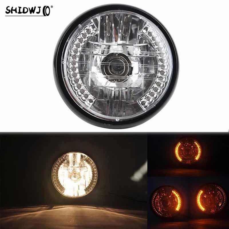 New 1pcs Universal Black 6.5Inch Motorcycle Headlight H4 35W LED Head Lamp 9 Wires Turn Signal Light Mount Bracket as pic