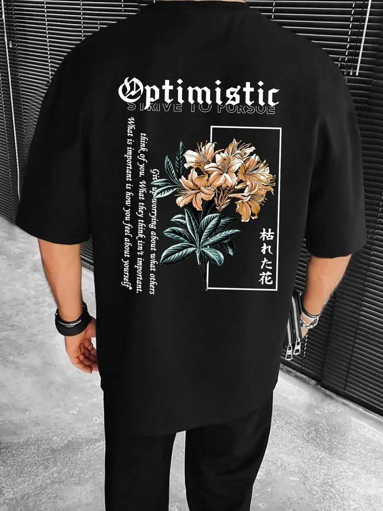 Optimistisches Streben nach Porsue Harajuku Blumendruck Herren T-Shirt Übergroße lockere T-Shirts Baumwoll-T-Shirts Atmungsaktive T-Shirts