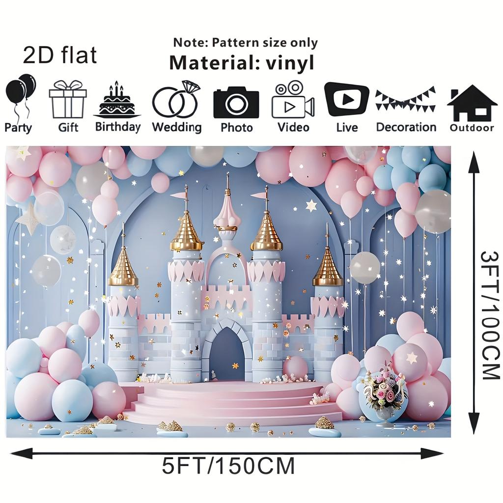 1 Piece of 2D Flat Banner - Fantasy Castle Fairy Tale Birthday Background - Soft Rainbow Polyester Party Decoration