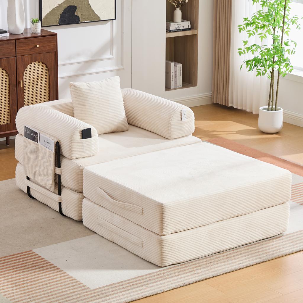 Corduroy Compression Chair with Stool, Sturdy Metal Frame – Ergonomic Design + Thick Padding for Comfort. Incl. Side Pocket & Cushion, Combinable