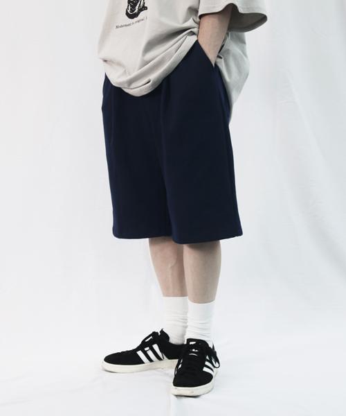 Modernoment One-Pleat Wide Sweat Shorts [Navy]