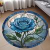 Crystal velvet carpet1pc Elegant Blue Rose Stained Glass Area Mat - Short Pile, Polyester, Machine-Made, Round Indoor Mat for Be