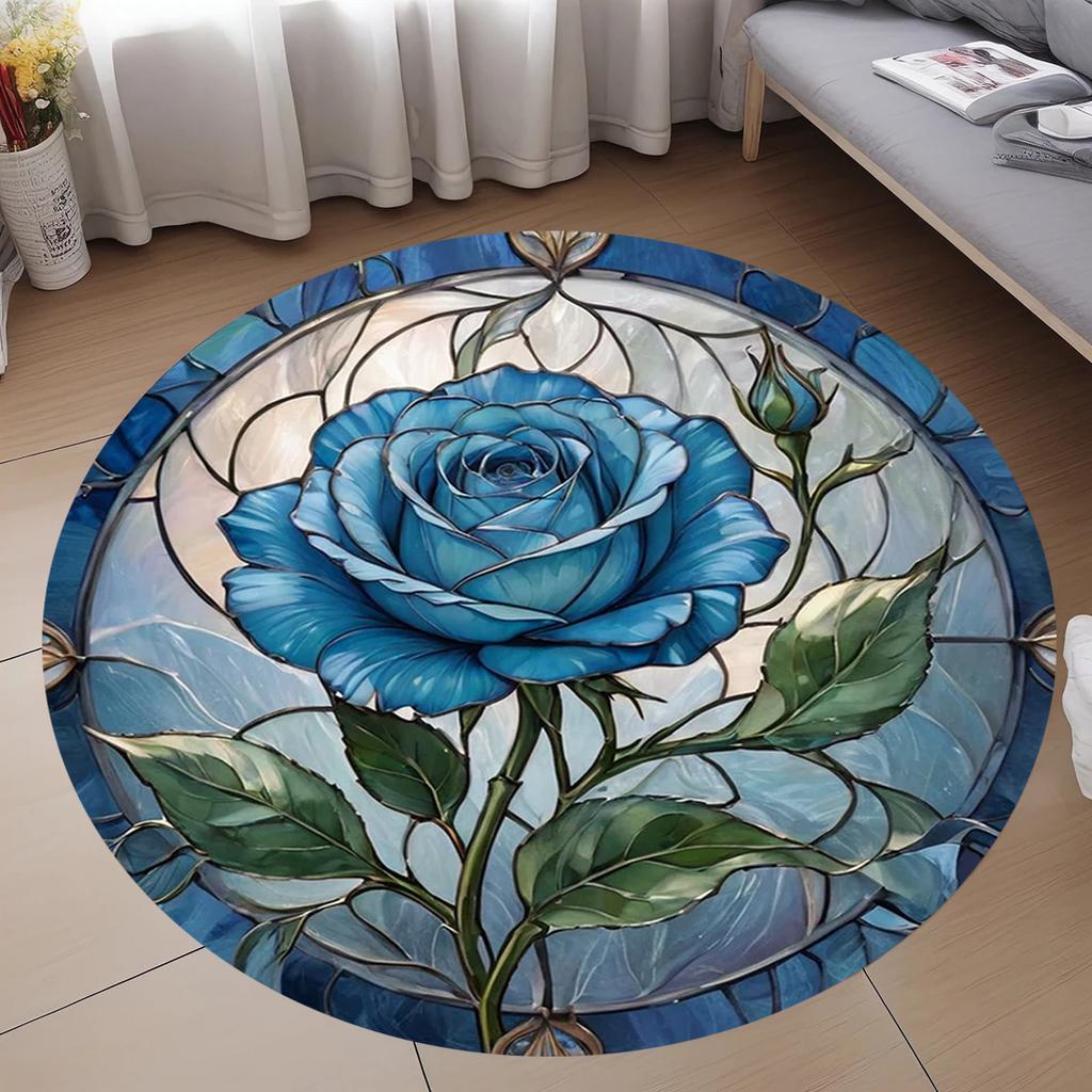 Crystal velvet carpet1pc Elegant Blue Rose Stained Glass Area Mat - Short Pile, Polyester, Machine-Made, Round Indoor Mat for Be