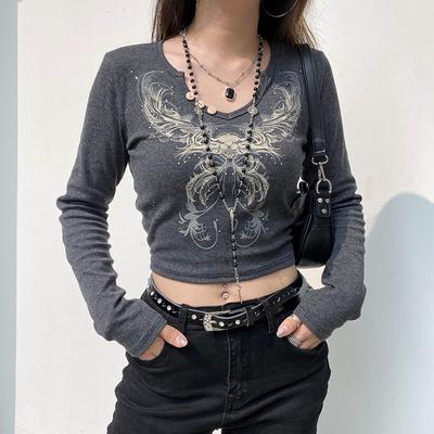 Dámský crop top Vintage Grunge Grafický potisk Úzký střih Vílí trička Topy Retro Estetika Dlouhý rukáv Dámské tričko Streetwear
