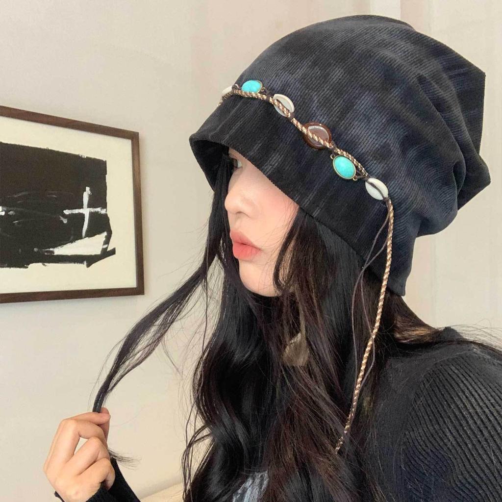 Beaded Tassel Pile Hat for Women Retro Cold Hat Loose Big Head Circumference Showing Face Small Pile Hat Trendy