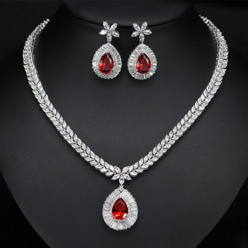 Ladies Jewelry Set, Real White Gold Plated With Gemstones, Necklace Earrings Two Piece Bridal Set Chain