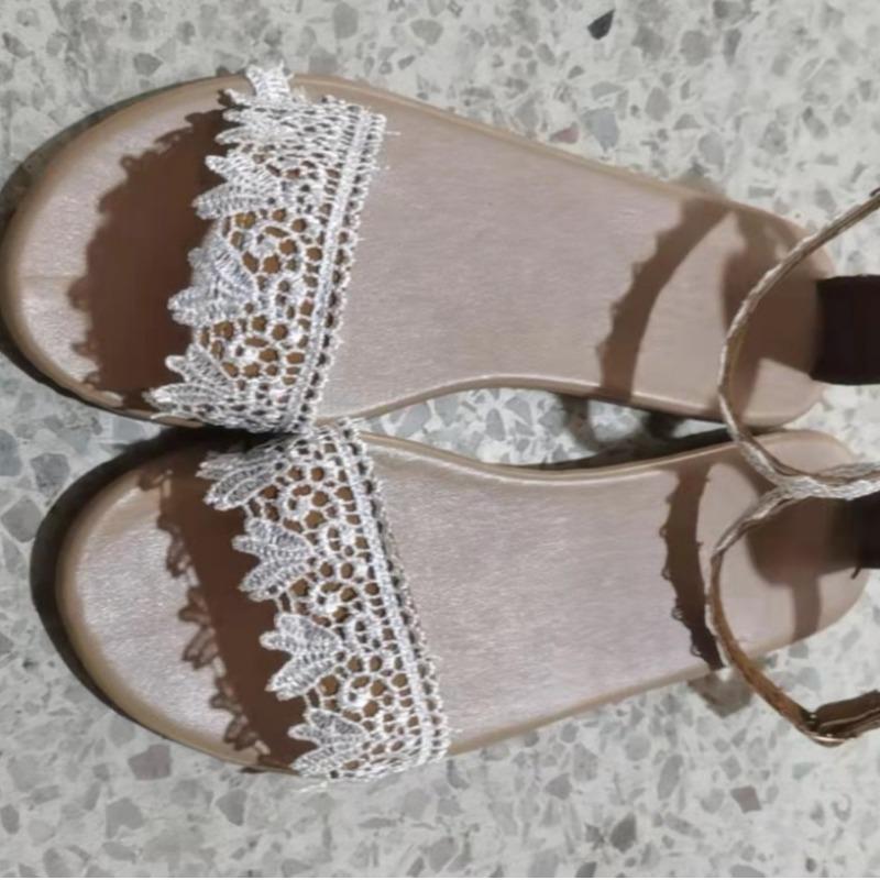 Summer New Women's Flat-heeled Sandals Lace Flower Word with Flat-toed Women's Shoes