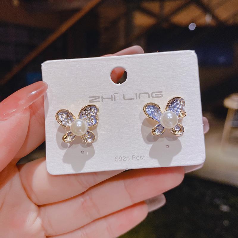 925 Sterling Silver Korean Fairy Butterfly Pearl Earrings - Elegant, High-Quality Texture, Trendy Women's Studs & Drops