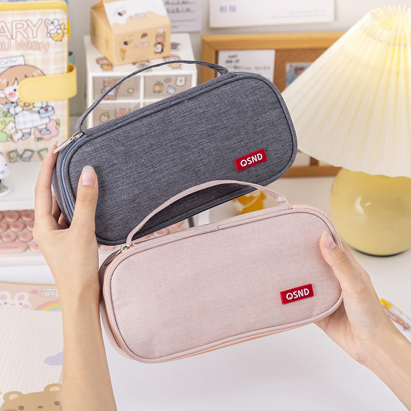 Handheld Double-layer Pencil Case Oxford Cloth Solid Color Student Case Pencil with Pen Clip Compartment Storage Bag School Stationery