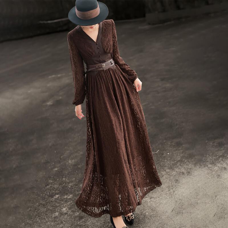 Lanser 2026 Frühling Französisches Retro-Spitzen-V-Ausschnitt-Langkleid