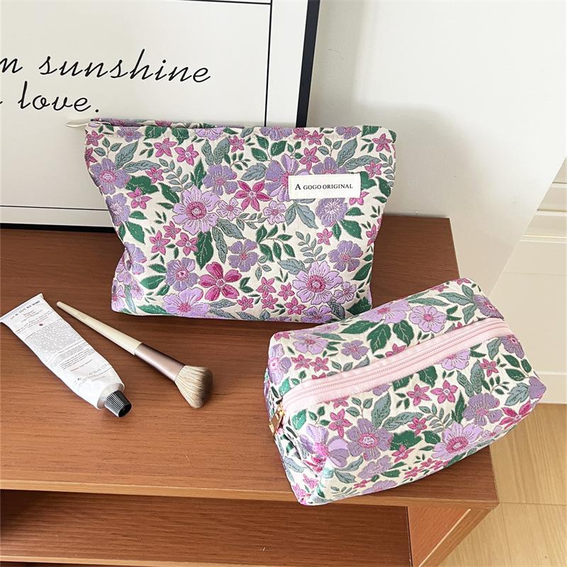Portable Purple Flower Fabric Cosmetic Bag Makeup Pouch Organizer