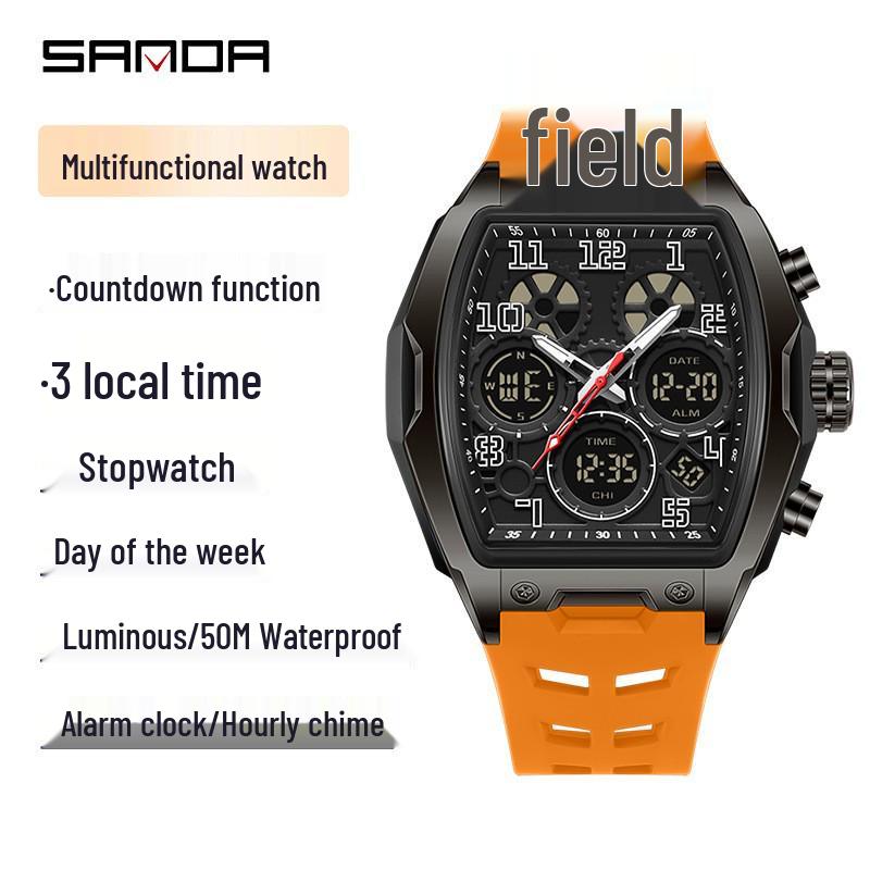 Sanda Dual Display Waterproof Barrel-Shaped Electronic Watch with Alarm for Students and Parties