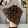 Winter leopard print bucket hat female trend versatile European and American imitation mink fur basin hat popular elements