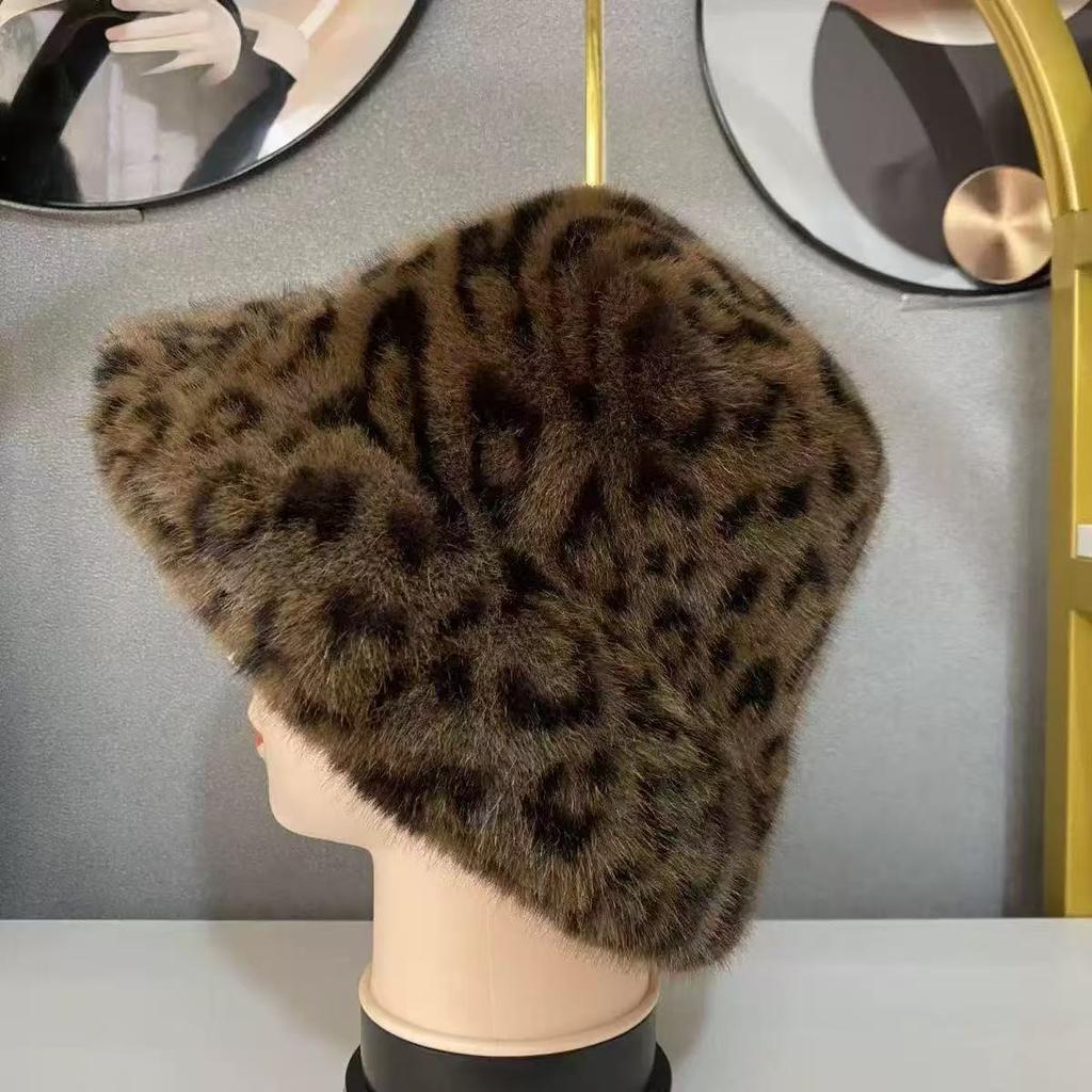 Winter leopard print bucket hat female trend versatile European and American imitation mink fur basin hat popular elements