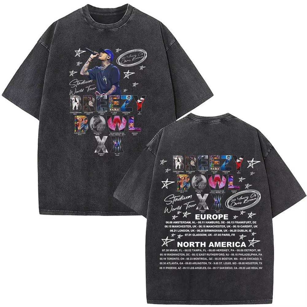 T-shirt Chris Brown Breezy Breezy Bowl XX Tour T-shirt Lavate Vintage Moda Uomo Hip Hop Manica Corta Streetwear