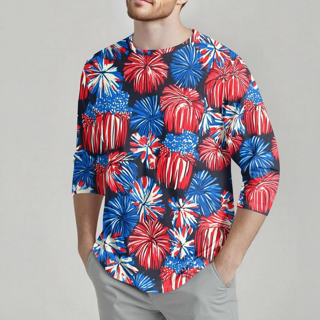 Men's Fashion Casual Independence Day Print  Neck Seven-point Sleeve Top T-shirt