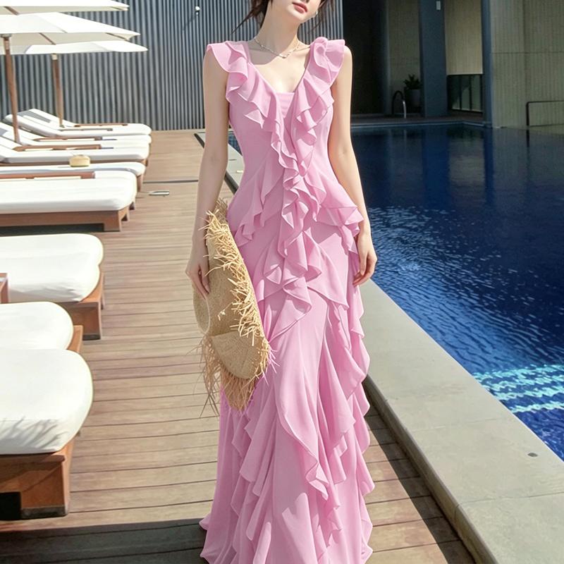 ZANZEA Women Casual V-Neck Sleeveless Ruffles Long Dress Holiday