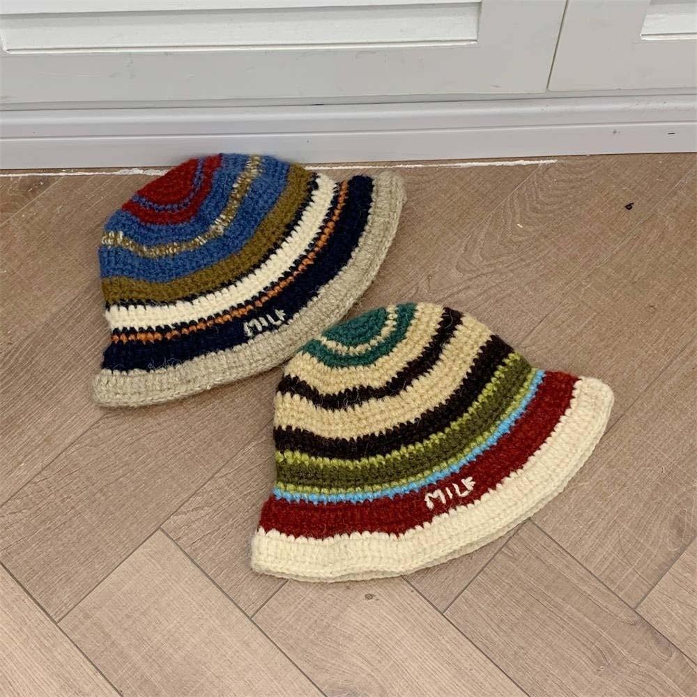 Anti-cold Knitted Bucket Hat Warm Woven Basin Cap Seaside Beach Cap Striped Fisherman Hat  Vacation