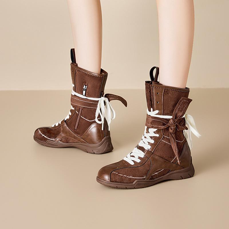 Inner Heightening Martin Boots Women's New Maillard Boxing Boots Frosted Leather Lace-up Short Boots