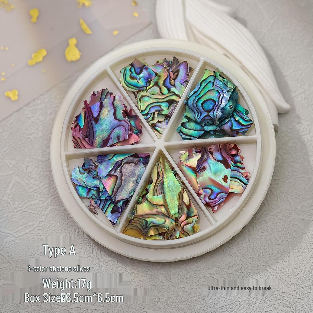 Round Box Iridescent Abalone Shell Nail Art Set - Six Colors, High-Gloss, Ultra-Thin, Irregular Fragments