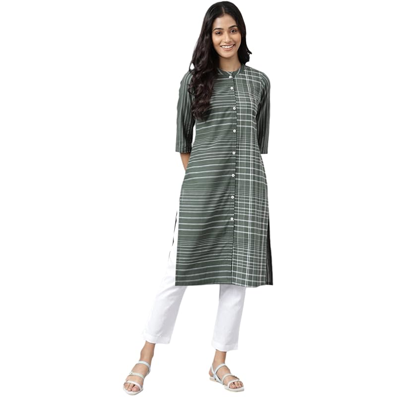 Aurelia Women Mehendi Green Dobby Geometric Yarn Dyed Straight Kurta_22AUA13368-703591_S