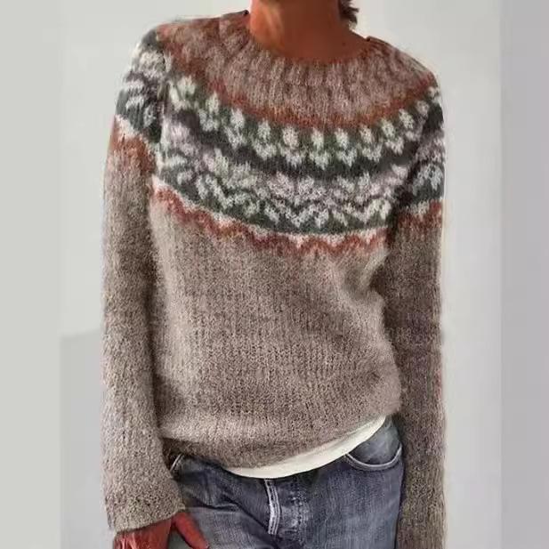 European & American Women's Color-Block Round Neck Fashion Pullover Sweater