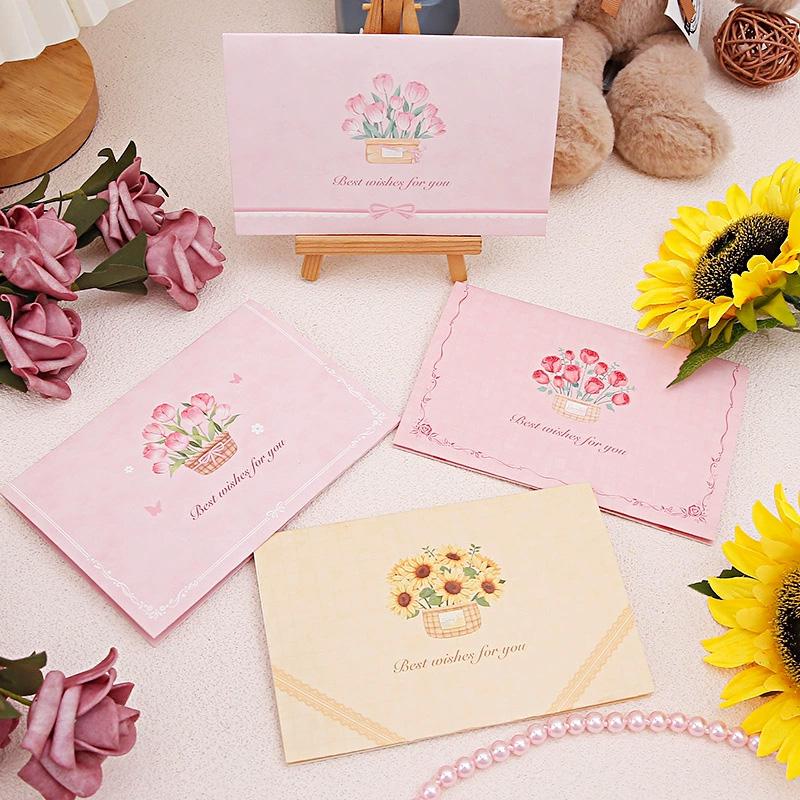 1PC Paper Postcard 3D Greeting Card Creative Roses Birthday Gift Card Sunflowers Bouquet Pop-Up Tulips