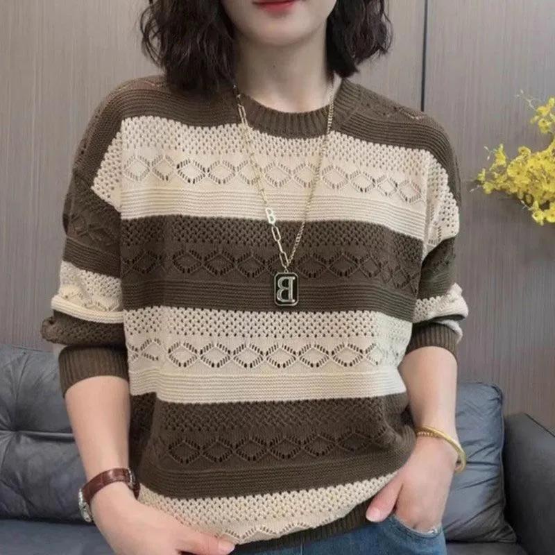 Women's Loose-fitting, Figure-flattering, Korean-style, Age-defying, Jacquard, Color-blocked Knit Top