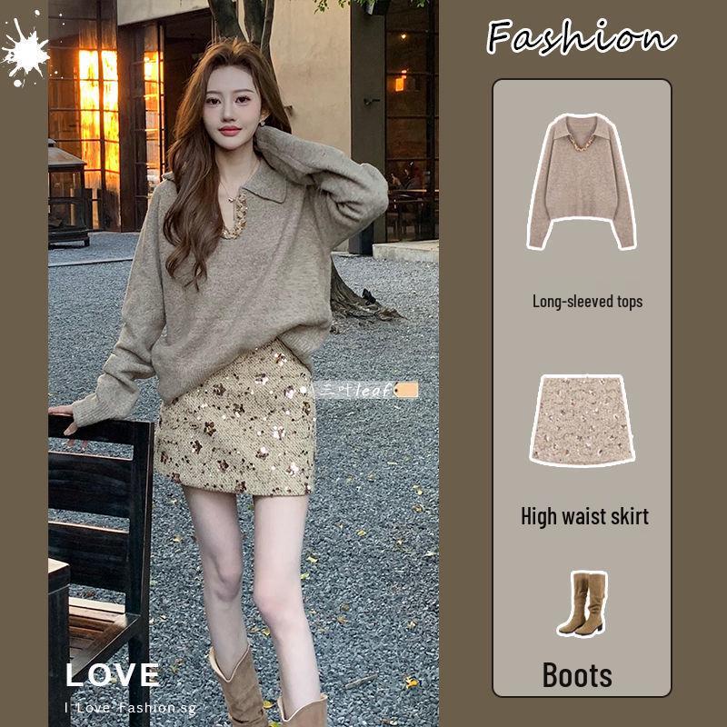 2025 Women's Autumn/Winter Korean Design: Long Sleeve Knit Sweater & High Waist Casual Skirt Set