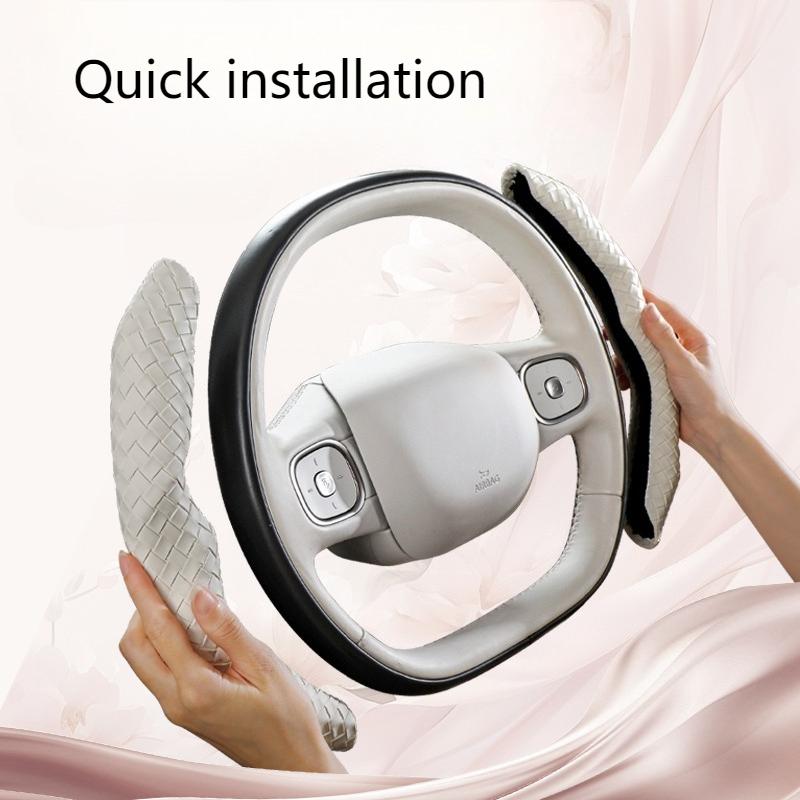 A Pair of Snap-on Hand-Knitted Faux Leather Universal Steering Wheel Covers  Easy and Quick Installation -Shape, Universal Fit