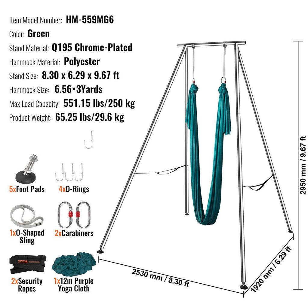 Aerial Yoga Frame & Yoga Hammock, 9.67 Ft Height Professional Yoga Swing Stand Comes with 6.6 Yards Aerial Hammock, Max 551.15 Lbs Load Capacity Yoga