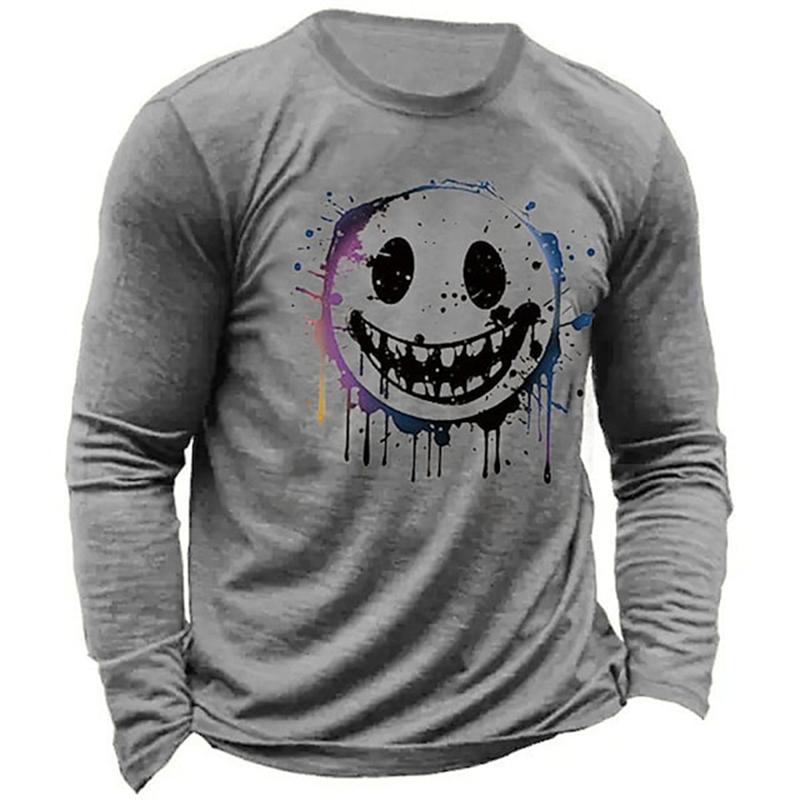 Men's Casual Autumn Breathable Long Sleeve Crewneck Printed Evil Smiley Face Pattern Clothing Y2K Top Men's Long Sleeve