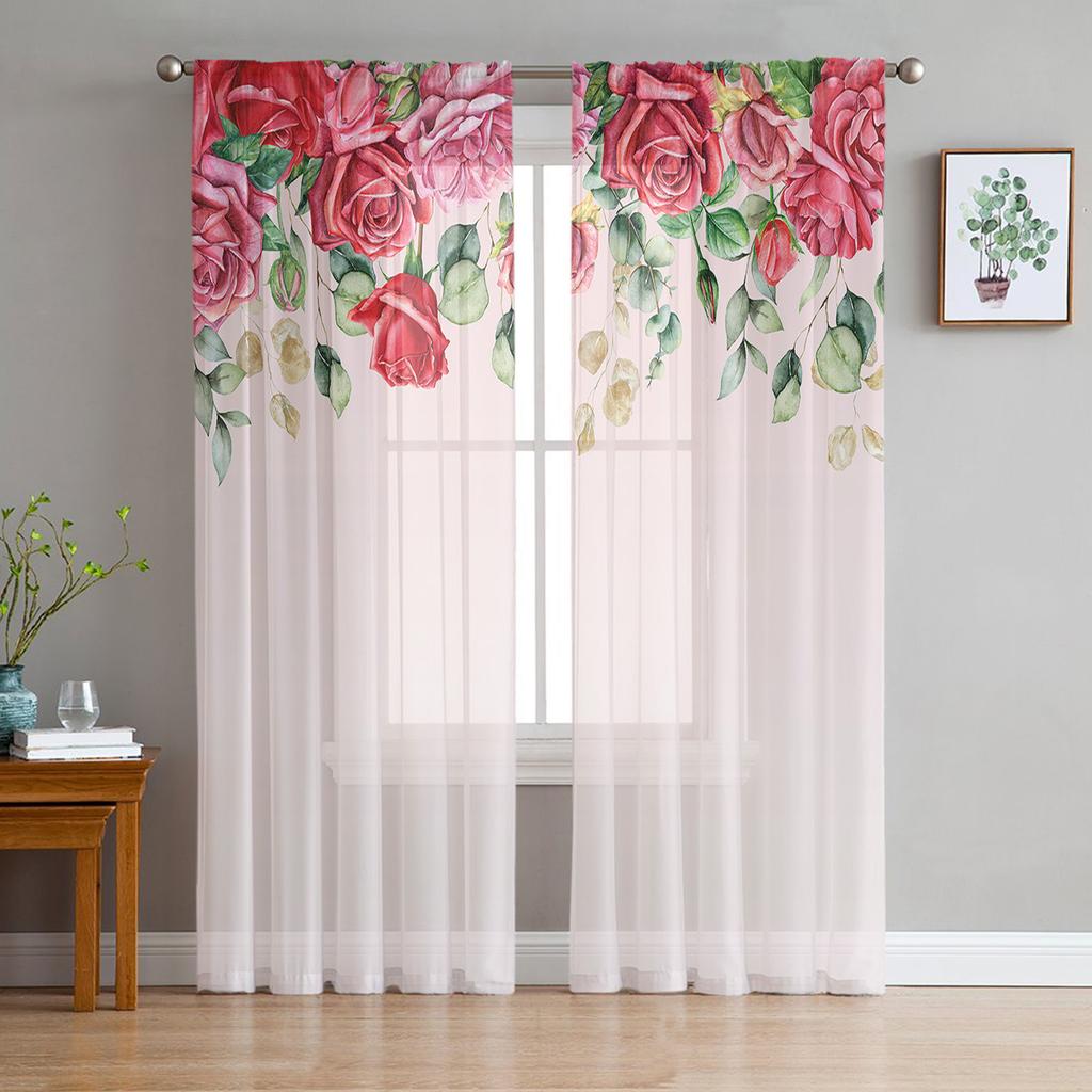 Pink Red White Rose Sheer Curtain for Living Room Voile for Window Blinds Bedroom Tulle Drape Kitchen Cortinas Hall Curtains
