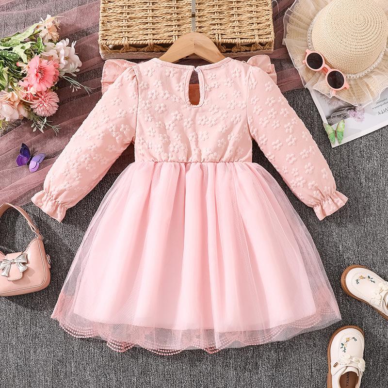 Girl Sweet Mesh Dress Autumn Winter New Lace Long Sleeve Butterfly Design Princess Dress