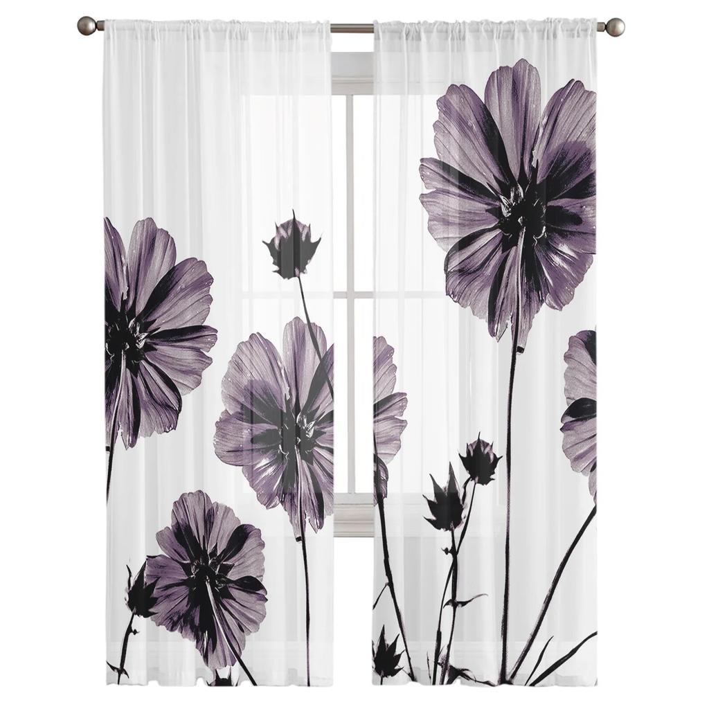 Purple Artistic Flower Tulle Curtains Living Room Kitchen Chiffon Curtain Bedroom Balcony Sheer Curtain Fashion Home Decor