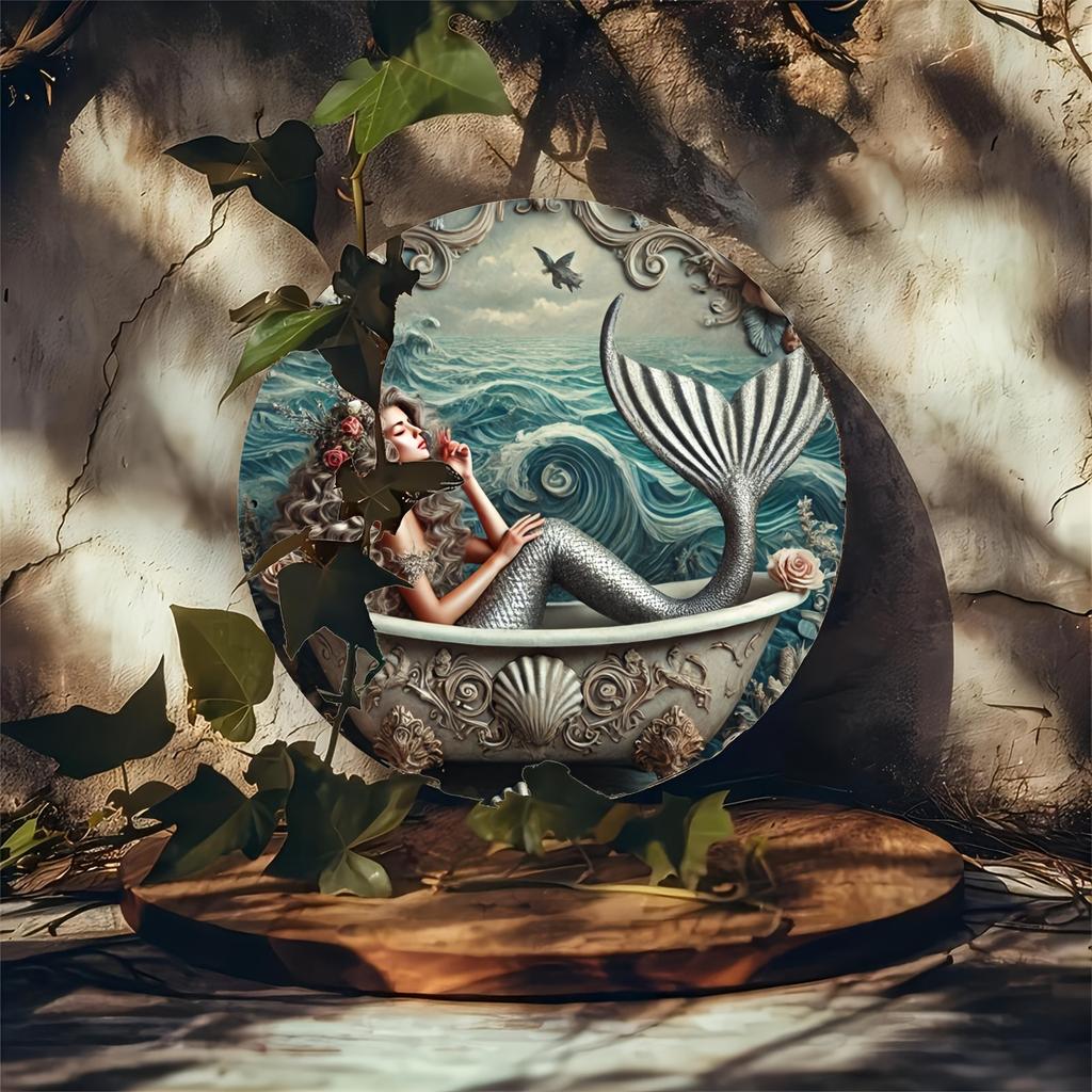Waterproof Mermaid Metal Wall Art - Oceanic Bliss, Classic Style Round Decorative Sign for Indoor/Outdoor Home and Office Decor