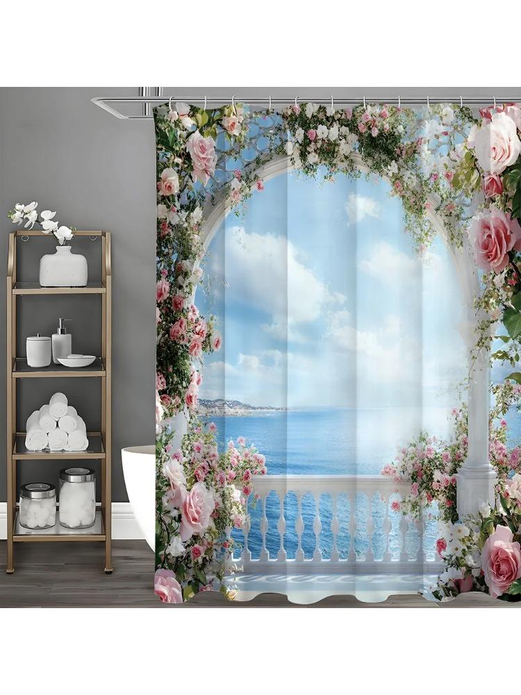 Sprchový závěs na balkon s růžovým květem a výhledem na oceán, Dekorační sprchový závěs do koupelny, Vodotěsný sprchový závěs s háčky