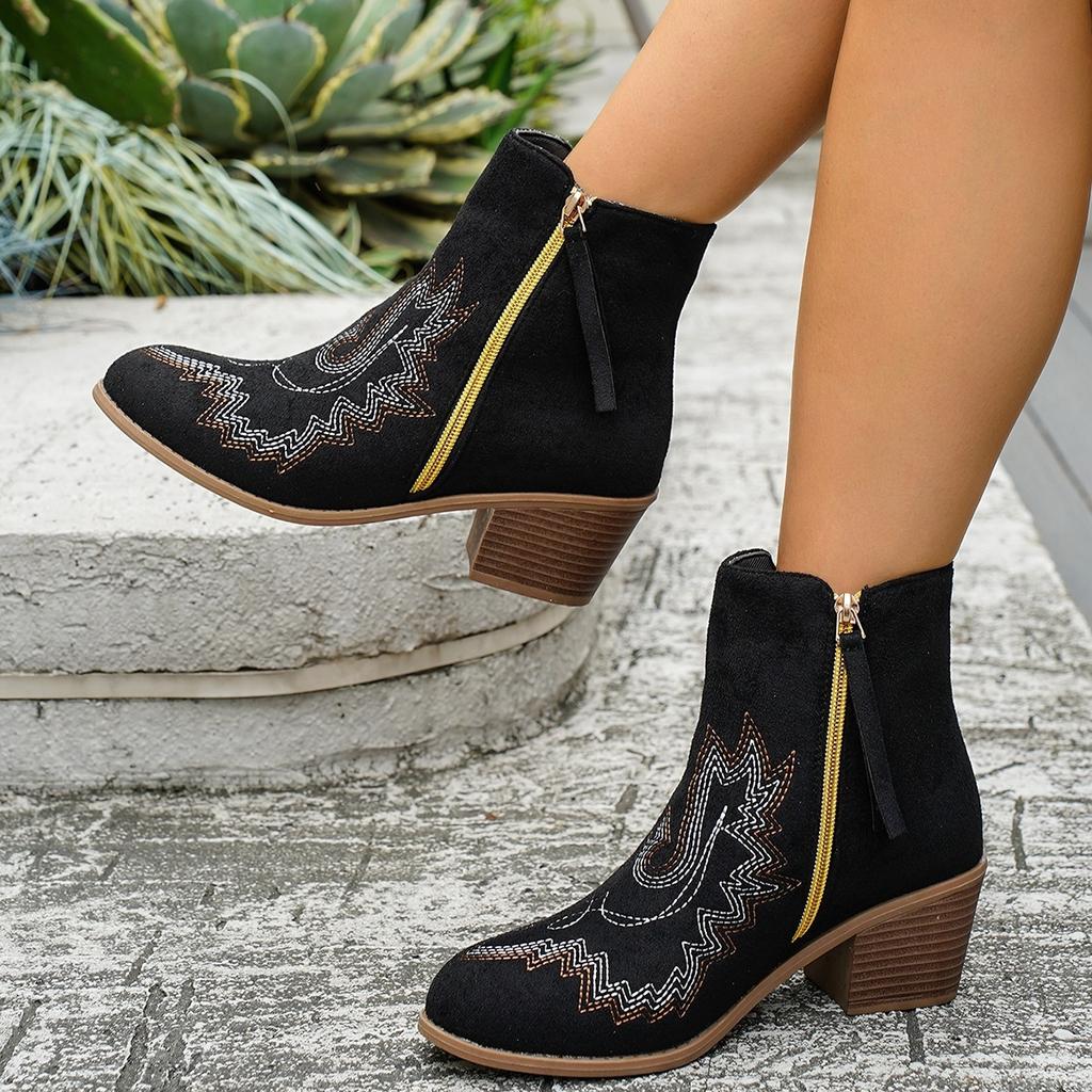 Women Embroidery Printed Pointed Toe Block Heel Chelsea Ankle Boots, European Style Short Tube Fashion Booties For Autumn