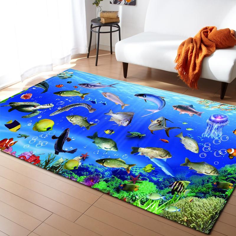 Ocean Corals Living Room Area Rug Fish 3D Carpets Boys Bedroom Play Rugs for Children Room Flannel Kitchen Mat Doormat Entrance