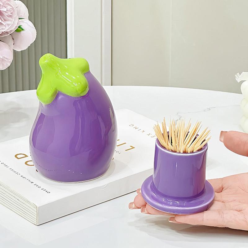 Cute Eggplant Toothpick Holder Ceramic Floss Box Desktop Decoration