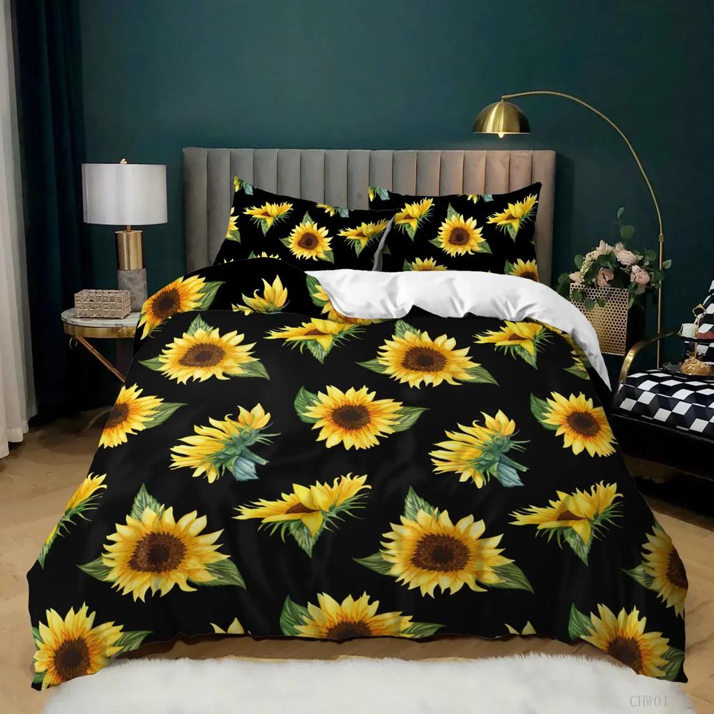 Sunflower Duvet Cover Set King Size 3D Sunflower Butterfly Nature Bedding Set Botanical Plants Novelty Polyester Comforter Cover