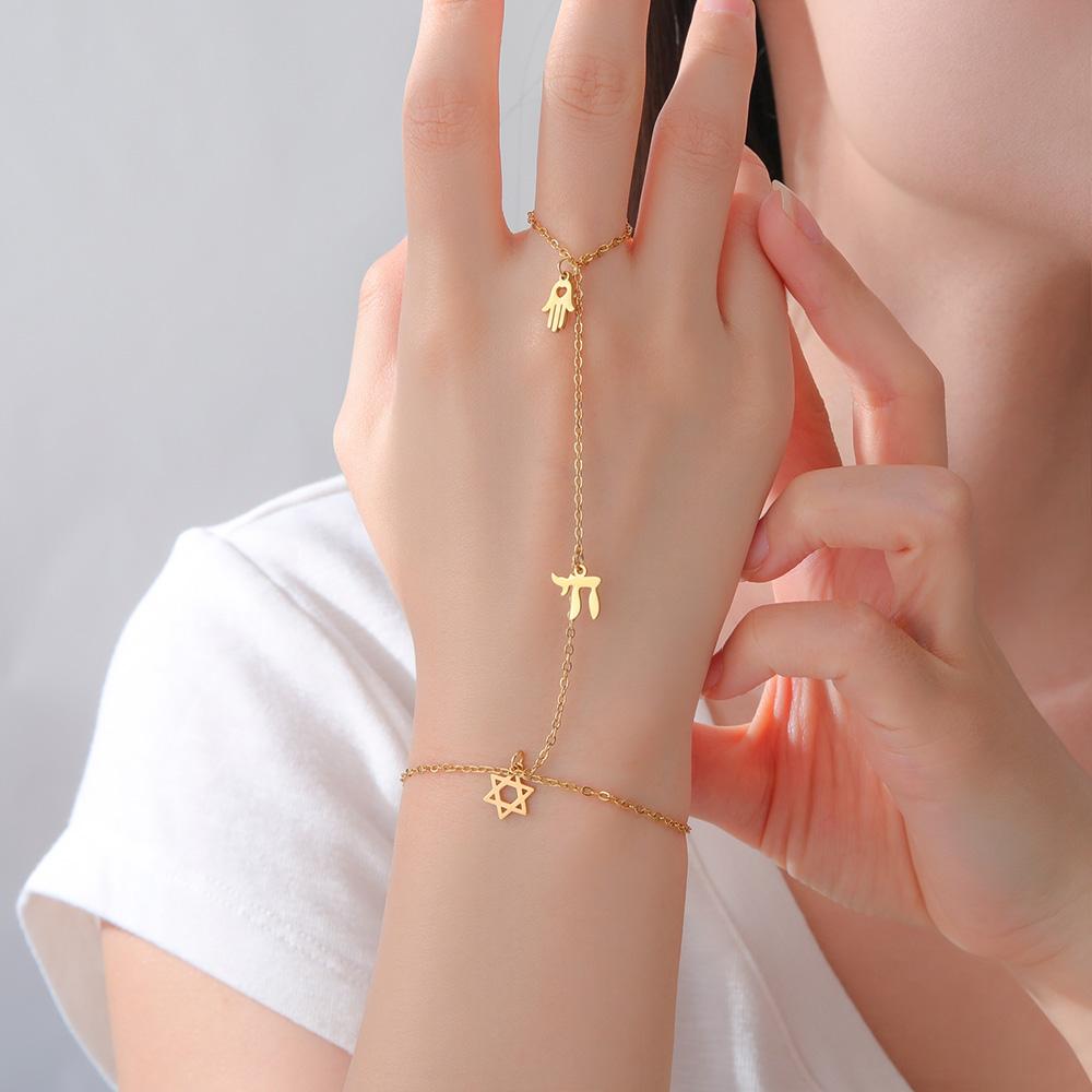 Dawapara Star of David and Chai Bracelet Hand Chain Jewish Hexagram Good Luck Judaica Jewelry Stainless Steel Jewelry
